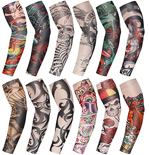 Set de 12 Pièces Manchons de Bras de Tatouage Faux Manchettes de Bras de Protection Solaire Gants de Bras de Fleur à Élasticité Douce de Cyclisme (Motif de Crâne)