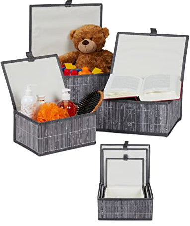 6 x Aufbewahrungskorb, mit Deckel & Stoffeinsatz, Bambuskorb, dekorative Aufbewahrungsbox, 3 Größen, Regalkorb, grau