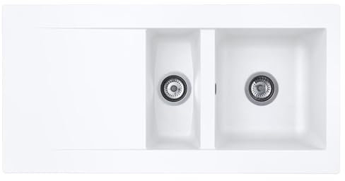 Liquida EW15WH 1.5 Bowl Composite Reversible Inset White Kitchen Sink with Waste
