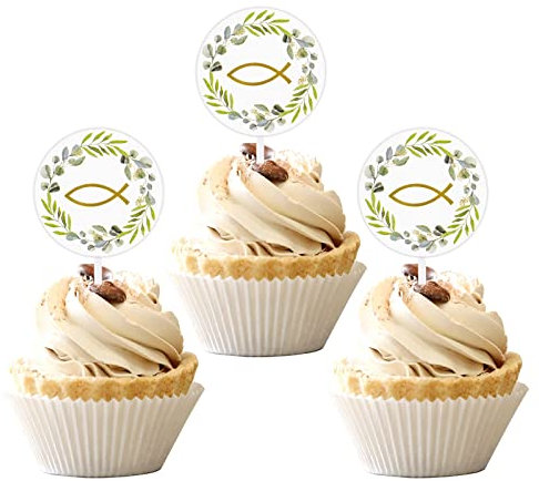 BETESSIN 24 Stücke Taufe Cupacake Topper Fisch Kommunion Cake Topper Konfirmation Tortendeko Tortenstecker für Kuchen Fondant Dessertdeko