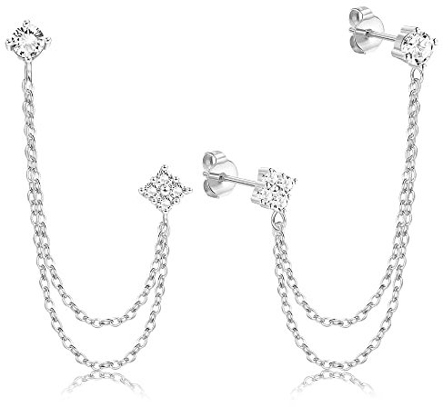 KRFY Ketten Ohrstecker S925 Sterling Silber für Damen Mädchen 18 Karat Vergoldet Minimalistisch Kletterer Crawler Quaste Kette Baumeln Tropfen Ohrstecker mit Funkelnden CZ für Empfindliche Ohren