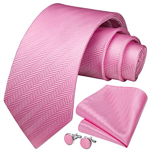 HISDERN Herren Rosa Gestreifte Hochzeit Krawatte Einstecktuch KrawattenTaschentuch Manschettenknöpfe Set