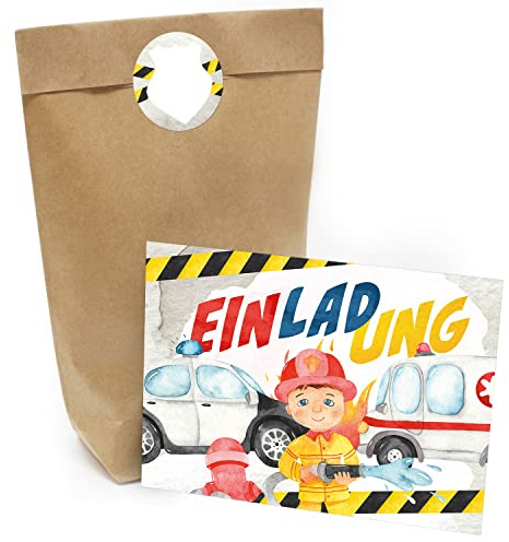 Kindergeburtstag Einladung Set mit je 8 Einladungskarten, Umschlägen, Tüten und Aufkleber - Polizei und Feuerwehr