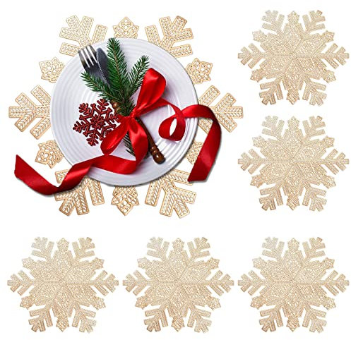 6er Platzsets Schneeflocken-tischset,QeeFop PVC Weihnachten Platzset Tischmatte Schneeflocke Hohles Tischset für Weihnachten, Geburtstag, Hochzeit Bankett Waschbar Wärmedämmung Platz-Matten (Gold)