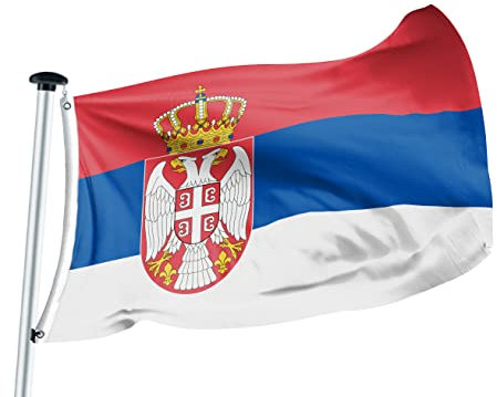 FLAGLY Premium Fahne Serbien 100 x 150 cm - 115g/m² Stoffgewicht - handgefertigt, Robustes und witterungsbeständiges Glanzpolyester mit Ösen, Nationalfahnen (100 x 150 cm, Serbien)