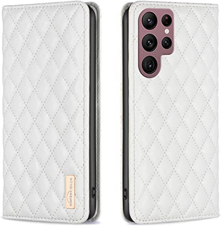 Yarxiawin Per Cover Samsung S22 Ultra 5g in Pelle Nero, Lusso Custodia Samsung S22 Ultra Cover con Porta Carte Case Flip Supporto (Bianco)