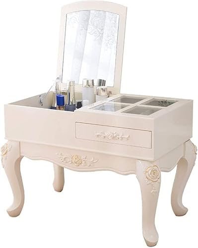 JOZZY Tocador,Mesa multifunción Mini Espejo abatible y Tapa de Cristal Transparente cajón Dormitorio Armario complemento tocador de Maquillaje