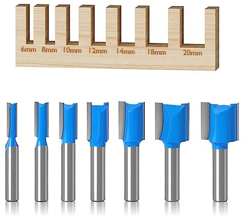 7 piezas Herramientas de Carpintería, Fresas para Madera, Cortador de Carburo, Brocas de Corte Recto Vástago de 8mm, Doble Flauta de Corte Recto (6 mm/8 mm/10 mm/12 mm/14 mm/18 mm/20 mm)