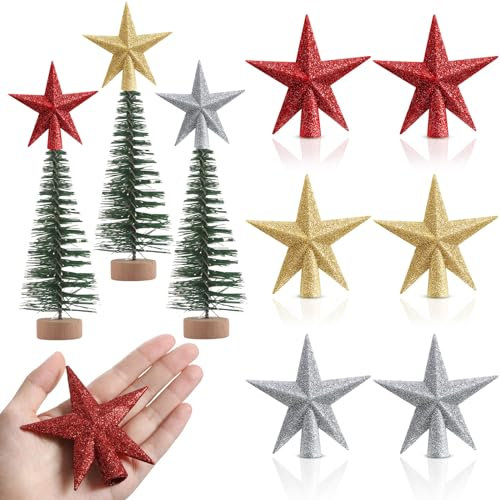 Hiboom Mini-Stern-Weihnachtsbaumspitze, 10,2 x 8,6 cm, glitzernder Weihnachtsbaum-Stern für Weihnachtsbaum, Party, Dekoration, Urlaub, Outdoor, Innenbereich, Zuhause, Ornamente (Silber, Rot, Gold), 6