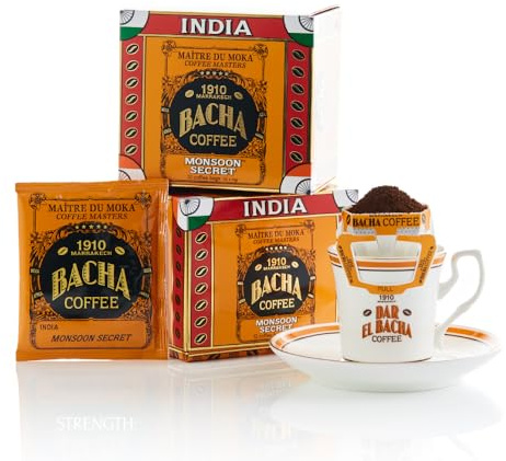 Bacha Coffee - Café Monsoon Secret Origine Unique Inde - 12 Sachets de 12g | Arômes Fruité, Malté - 100% Arabica avec filtre intégré - Torréfaction Medium Foncée - Caféiné