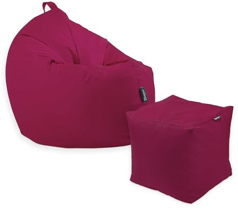 Premium 2-in-1 Sitzsack mit Füllung | Fußhocker | für Kinder & Erwachsene | Outdoor & Indoor | Sitzkissen | Bodenkissen | Wasser- & schmutzabweisend + Sitzpouf 35x35x35cm (Weinrot, 125 CM + Sitzspouf)