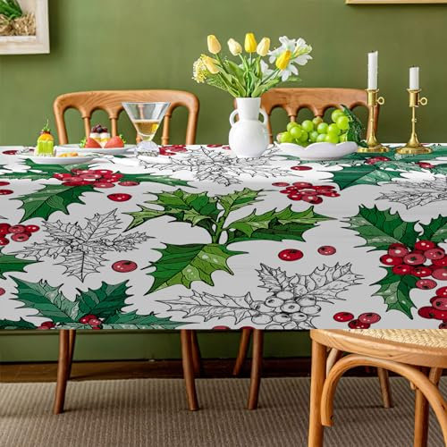 Morbuy Motivo Agrifoglio di Natale Tovaglia Tavolo Rettangolare Moderna,Tovaglie per Feste Antimacchia Impermeabile Tovaglia da Pranzo Copritavolo per Decorative (150x210cm,Pianta di Agrifoglio A)
