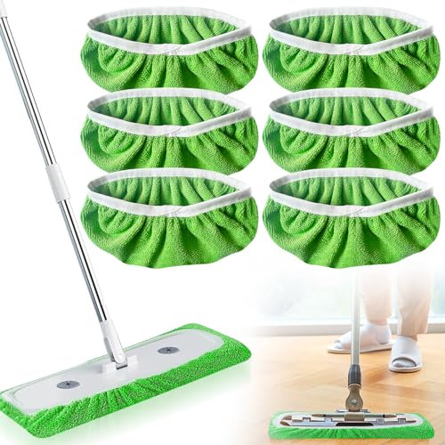 Qooloo 6 Wipes Reusable Mop, Green, Velvet, Hardwood, Laminate, Tile, Stone, Concrete, 26x22x2cm