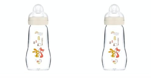 MAM Biberon en verre (260 ml) – Biberon résistant à la chaleur et aux variations de température – Tétine Débit 2 Moyen pour bébé à partir de 2 mois – Couleur : Blanc (Lot de 2)