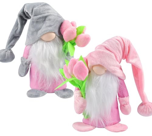 Frühling Wichtel mit Tulpen Blumensträuße, Frühlingsdeko, Handgefertigte Gefüllte Gesichtslose Puppe Zwerg Dekorationen, für Freundin Mama Hochzeitstag Muttertag, 2 Stück
