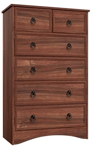 VVFLU Dresser for Bedroom Tall, Mid Century Modern 6 Drawer Dresser, Cherry Wood Chest of Drawer with Large Storage for Clothes, Vintage, for Living Room, Bedroom, Hallway
