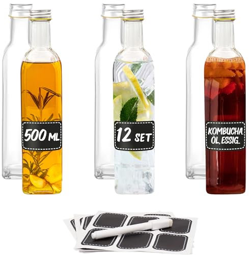 Praknu 12 Glasflaschen 500ml Schraubverschluss Eckig - Leere Flaschen zum Befüllen - 12 Etiketten mit Stift - Glasflaschen für Öl, Essig, Saft & Limonade