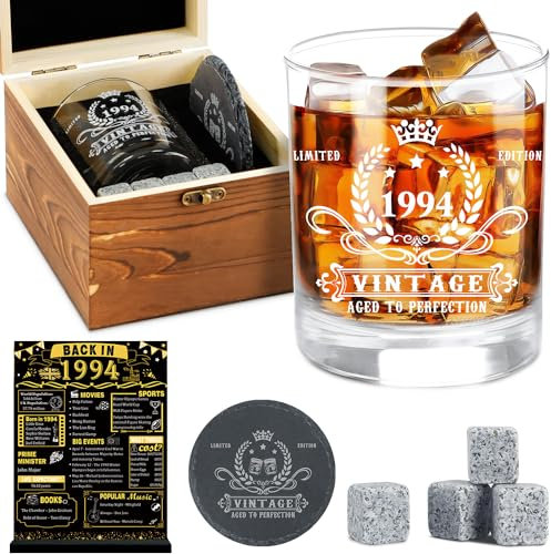 31th Birthday Gifts for Men,Vintage 1994 Whiskey Glass Set,Wood Box & 1994 Poster Anniversary Card &Whiskey Coaster & Stones,Birthday Gifts Ideas for Him, Dad, Husband,31th Retirement Decorations