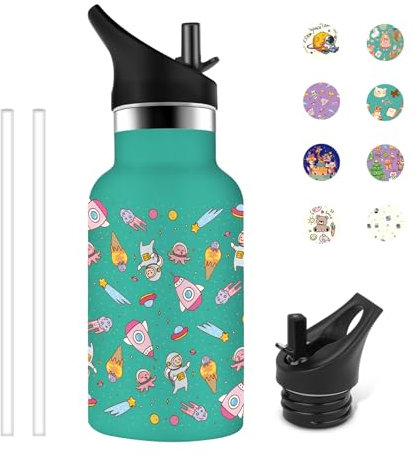 Grsta Gourde Enfant, 350ml Gourde Isotherme, Bouteille d'eau sans BPA, Gourde Reutilisable avec Paille, Gourde Acier Inoxydable, Garçons&filles, pour l'enfant 1/2/3 -year -old, Vert-Univers