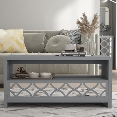 Galano Iris Coffee Table with Drawer – Mirrored Effect – Modern Storage Cabinet for Living Room, Entryway, or Foyer – Space-Saving Contemporary Table - Cool Grey