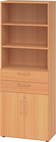 bümö Aktenregal & Schrank abschließbar, Büroschrank Regal & Schubladen Kombination Holz 80cm breit in Buche - Schrank für's Büro & Arbeitszimmer, Büro Möbel Ordnerschrank