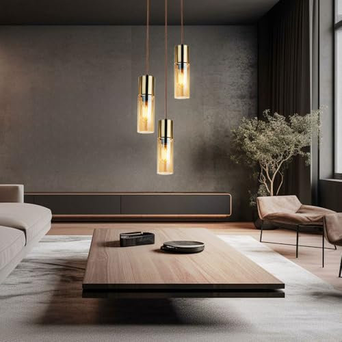 GLOBO LIGHTING LED Pendelleuchte 3 flammig Decken Hängelampe Metall Glas Pendellampe Hängeleuchte, Metall Messing Glas amberfarben, 3x 7W 3x 806lm warmweiß, DxH 30 x 150cm