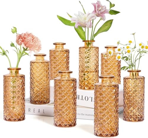 Sawoake Kleine Vasen, 8 Stück Glasvasen für Tischdeko Mini Vasen Glasfläschchen für Zuhause, Hochzeiten, Geburtstage, Feste (Bernstein Diamant)