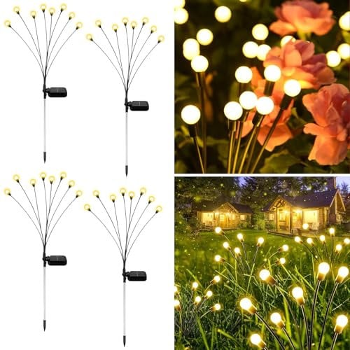 Solarleuchten für Außen Garten, 4 Stück 8 LED Glühwürmchen Solarleuchten Außen Verbesserte Höhen Optionale Modi Glühwürmchen Licht IP65 Wasserdicht Solarleuchten für Weg Hof Terrasse Dekorativ