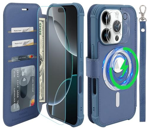 VANAVAGY Compatible for iPhone 16 Pro Wallet Case for Magsafe Wireless Charging,Leather Flip Folio Wrist [Glass Screen Protectors and Camera Lens Protectors]with RFID Block Card Holder,Blue