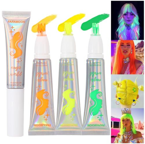 YIBABY 3 Stück Magische semi permanente Haarfarbe, Glühen im dunklen UV Neon Haar Gel Set, Licht waschbare Haarfarbe Kamm Haar Make-up für Party, Halloween, Weihnachten (Grün+Orange+Gelb, 3PCS)