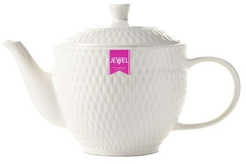 Porcelain Teapot with Lid White 700ml Traditional Stoneware Tea Pot Tea Coffee Hot Drinks Serving Pot Wide Handle Round Shape Geometric Pattern, Dishwasher Safe