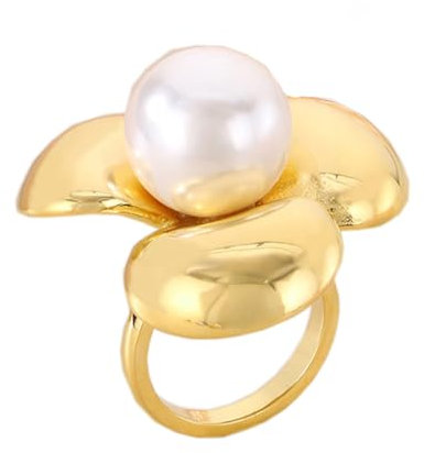 PAURO Damen Edelstahl Personalisierter Jahrgang Blumen Perlenring Gold Größe 60 (19.1)