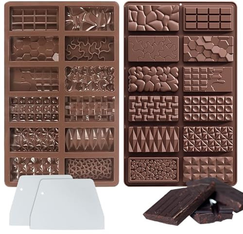 YALiya 2 Pièces Moule Tablette Chocolat Dubai, Moule Barre de Céréales, DIY Moule Chocolat Silicone 12 Cavités avec Grattoir Blanc, pour Chocolat, Barres de Céréales, Gâteaux, Bonbons de Noël