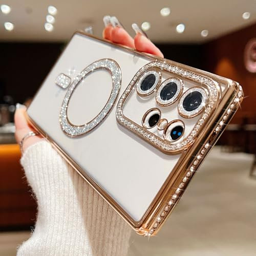 Altartar Glitzer Hülle für Samsung Galaxy S23 Ultra Magnetisch Handyhülle,Transparent Schutzhülle Samsung S23 Ultra Hülle Durchsichtig Kameraschutz Bling Diamant Dünn TPU Case für Damen Mädchen-Golden