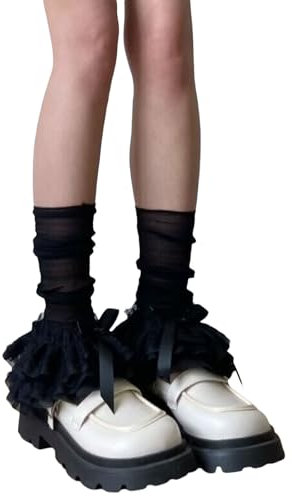 Women Y2k Ruffle Lace Leg Warmers Boot Cuffs Covers Elastic Socks Harajuku Aesthetic Streetwear (A-Black, One Size)