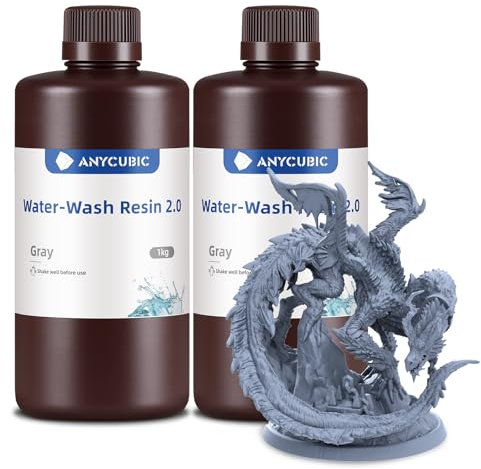 ANYCUBIC Wasser Abwaschbar Resin 2.0, 3D Drucker Resin Water Washable, Anti-Vergilbung, UV Resin 405nm Standard Photopolymer Harz Geringer Geruch für alle LCD 3D Drucker, Grau, 1kg, 2pcs
