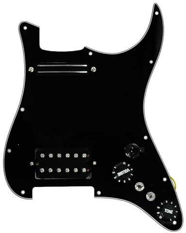 MAXCHEER Alnico 5 vorverdrahtetes Schlagbrett für Stratocaster, Spule, Splitting Pickguard HH (Mini-Humbucker + Humbucker), geladenes Schlagbrett mit Humbucker-Tonabnehmer-Set, Schwarz