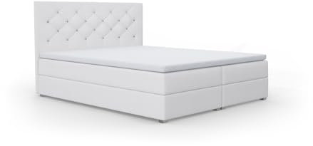 FurniDe24 Boxspringbett mit 2 Bettkästen und Taschenfederkernmatratze H3, Bett mit Zierknöpfen am Kopfteil, Topper-Matratze 3cm, verstärkter Rahmen, weiß Plüsch, 140x200cm - Fano