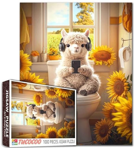 Alpaka in Toilette, 1000-teiliges Puzzle, Sonnenblumen-Dekor, Kunstwerk, Erwachsene, Teenager, Zuhause, Aktivität, 68,6 x 50,8 cm, anspruchsvolle Familienaktivitäten, buntes DIY-Bastelpuzzle für