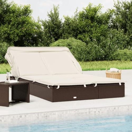 Verderoom Sonnenliege 2 Personen mit Faltdach Doppelliege Outdoor Gartenliege Wetterfest Liegestuhl Verstellbar Sonnenbett Loungebett Gartenbett-Braun-Sonnenliege 2er