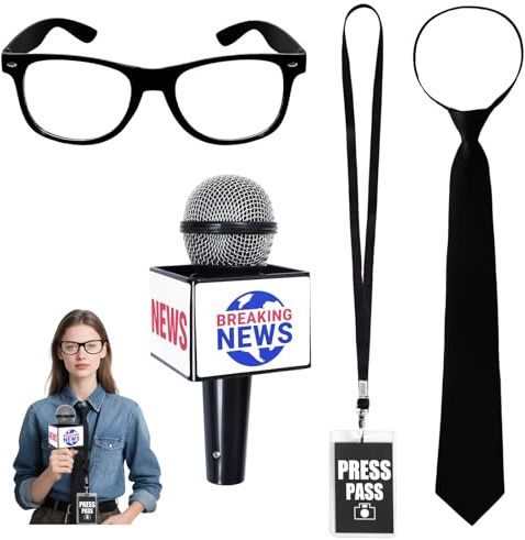 Heliltd 4pcs Journalist Costume Set for Adult Fake Microphone Glasses Work Pass Neckties News Reporter Accessories for Halloween Party