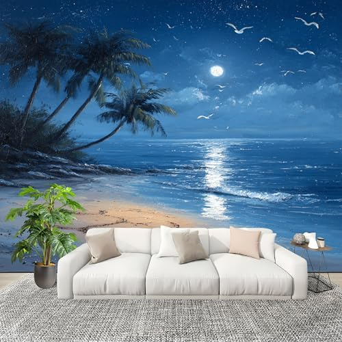 Atmungsaktiv Wandbild Foto 200x140cm Romantische Nachtansicht Am Meer Fototapeten Vlies Tapeten Poster Wandtattoo Blau Moderne Wandbild 4D Effekt Wandtapete Deko Abziehen & Aufkleben