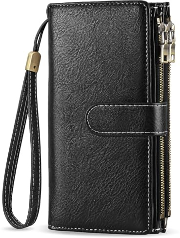 VOBUKE Portafoglio Donna Grande in Pelle Vintage Blocco RFID Portamonete con 16 Carte Porta Carte Portafoglio Lungo da Donna con 5 Divisorio per Banconote Cerniera E Tracolla Staccabile