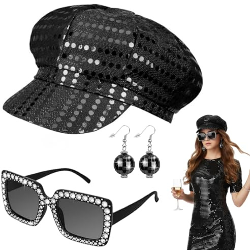 EYWILYWI 3 teiliges 70er Jahre Disco Kostüm Set Pailletten Glitzerhut Glitzer Sonnenbrille und Ohrringe Retro Abba Zubehör für Frauen Perfekt für Themenpartys und Disco Kostüme