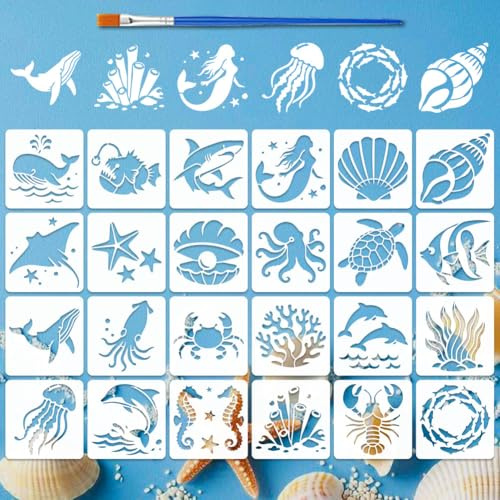 FINGERINSPIRE 24 Stück Malschablone Mit Meeresorganismen Und Pinsel 15x15cm Ozean Motiv Wiederverwendbare PET Malvorlagen Für DIY Leinwand Möbel Und Wanddekoration