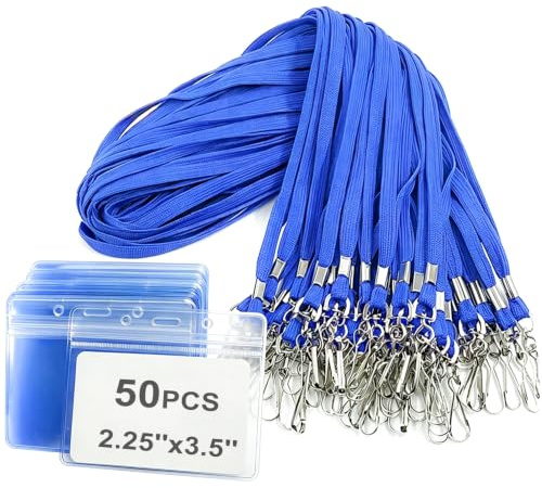 50 Stck Namensschilder mit Schlüsselband-Ausweishalter Kunststoff-Ausweishalter Lanyards Namensschilder für Kids School Camp Exkursion Business Event Trade (50, Horizontal Blau)