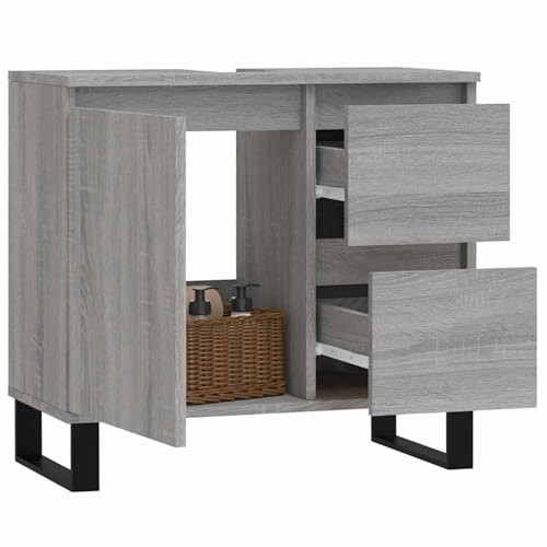 ATOMSTACK MAKER Armoire de salle de bain gris sonoma 65 x 33 x 60 cm – Meuble sous lavabo en bois avec 1 compartiment de porte et 2 tiroirs, industriel grâce aux pieds en fer, montage à gauche/à