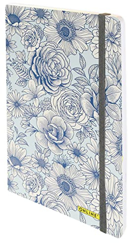 ONLINE Bullet Journal Blue Flowers, 120 g/m² FSC-papper, DIN A5, 144 invändiga prickig/prickar, anteckningsbok med mjukt omslag och gummiband, dagbok för anteckningar, skisser, bokstäver