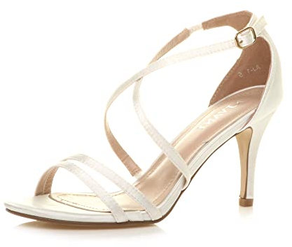 Ajvani Womens Ladies mid high Heel Strappy Crossover Wedding Sandals Shoes, Ivory Satin, 3 UK
