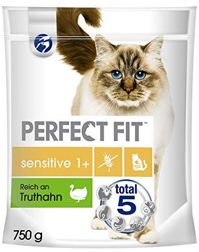 Perfect Fit Katzenfutter Trockenfutter Sensitive ohne Weizen und Soja für optimale Verdauung Adult 1+ Reich an Truthahn, 1 Beutel (1 x 750g)